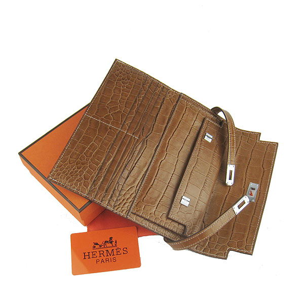 High Quality Hermes Kelly Crocodile Veins Long Clutch Bag Light Coffee H009 Replica